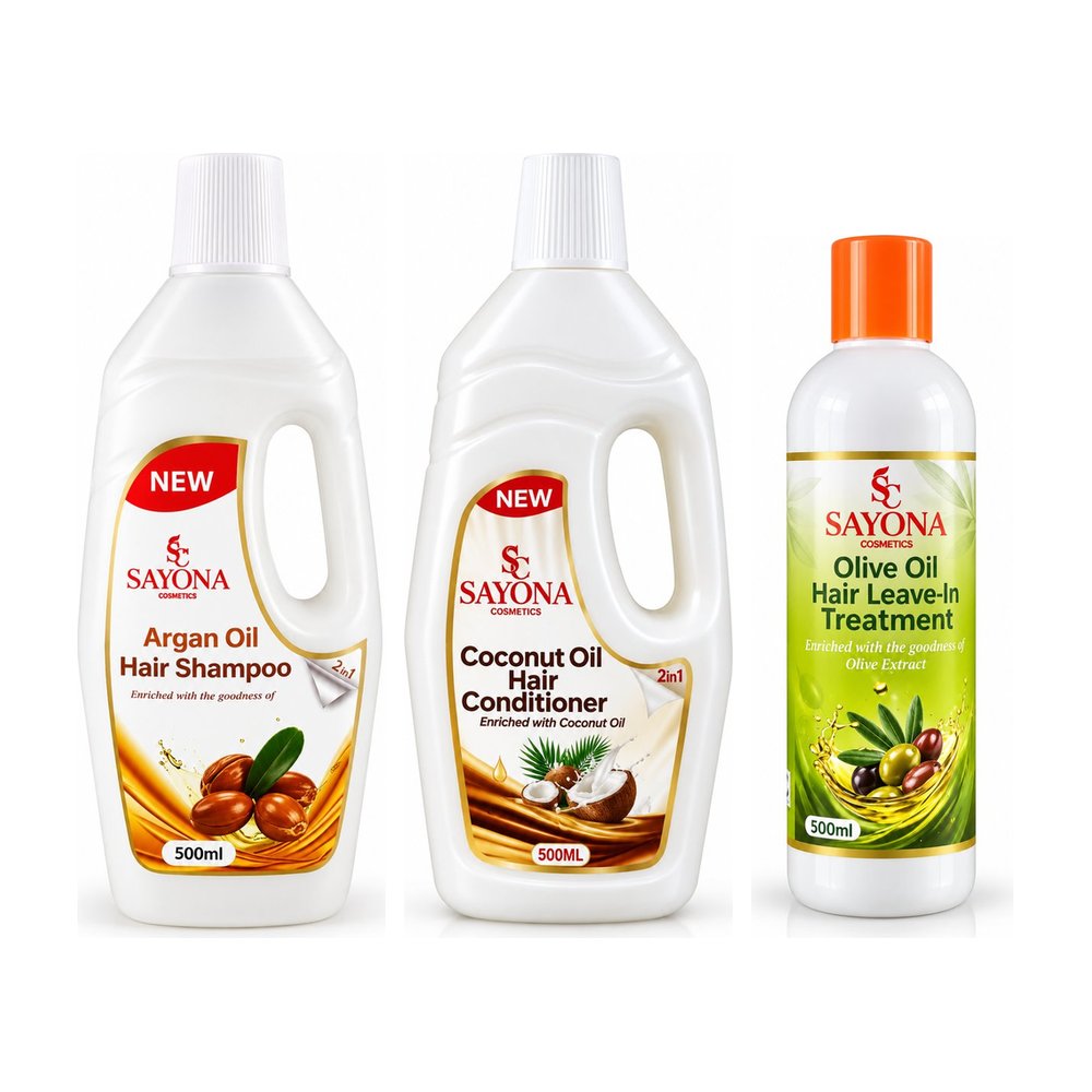 Wash Day Kit: Argan Oil Hair Shampoo 500 ml, Coconut Oil Hair Conditioner 500 ml, Olive Oil Leave-In Treatment 500 ml